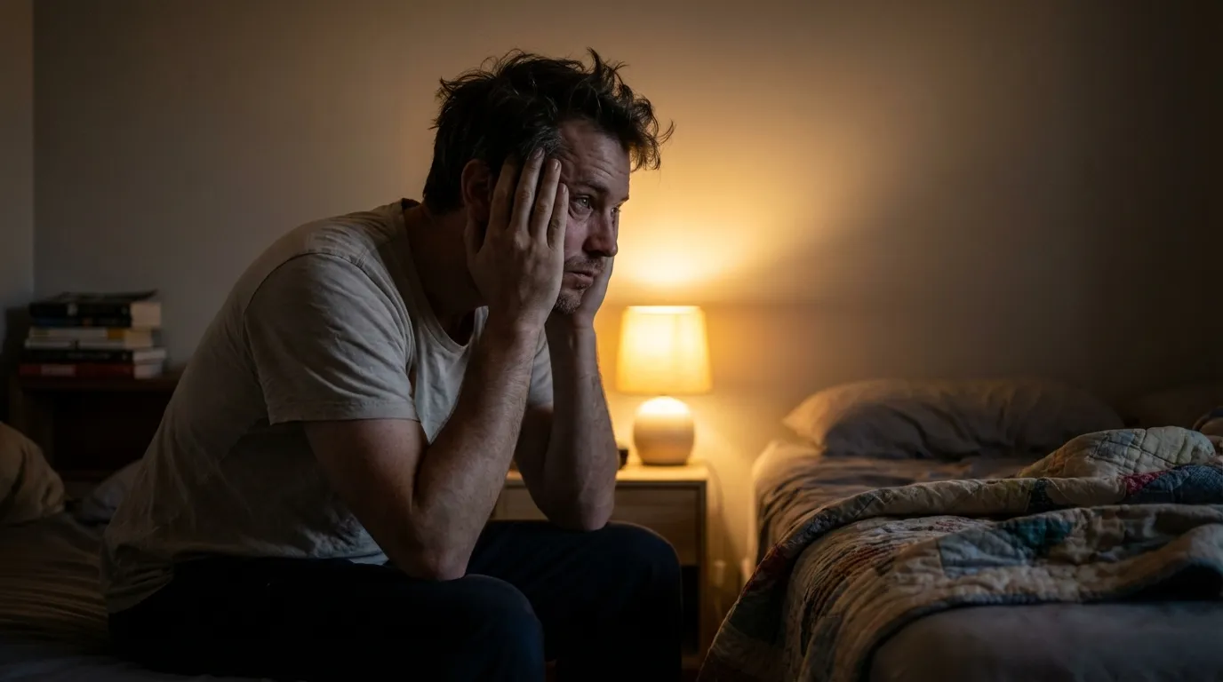A man sits on his bed in a dimly lit bedroom, appearing tired and troubled, a common sign prompting many to explore testosterone therapy.