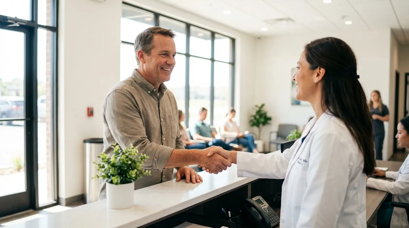 A happy man shakes hands with a doctor at a clinic front desk, taking a confident step toward testosterone replacement therapy.