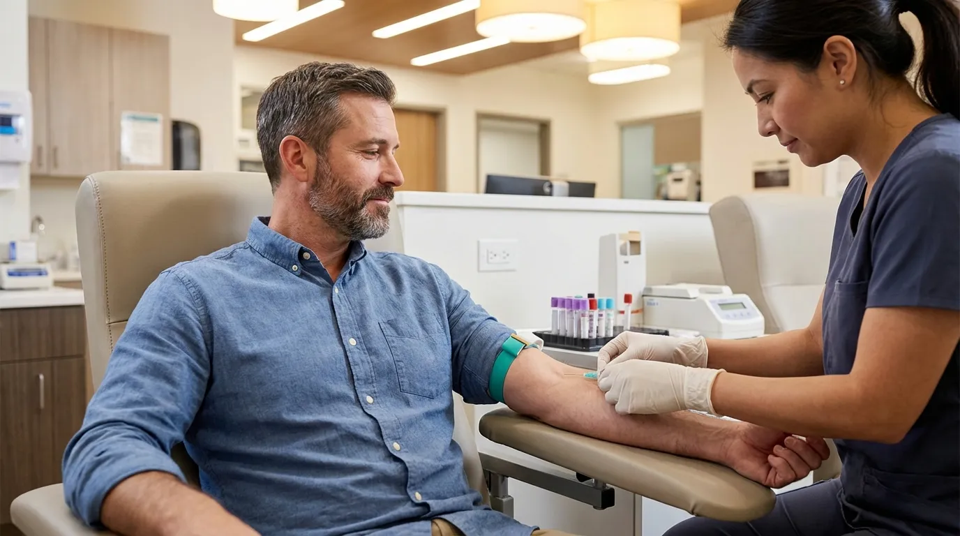 A man calmly receives a blood draw from a nurse in a bright clinic, an essential part of effective testosterone replacement therapy.