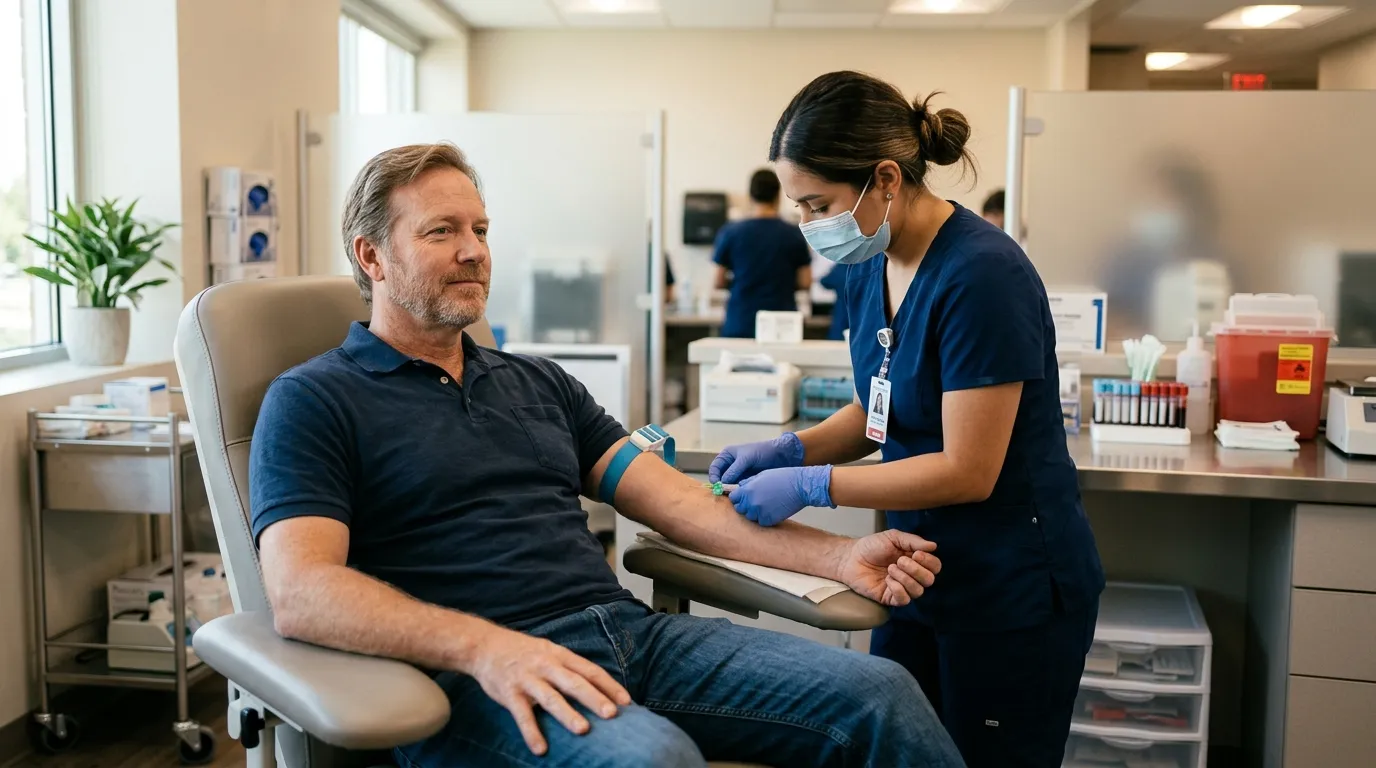 A calm man in a medical chair has his blood drawn by a nurse, a routine step for many beginning testosterone therapy.