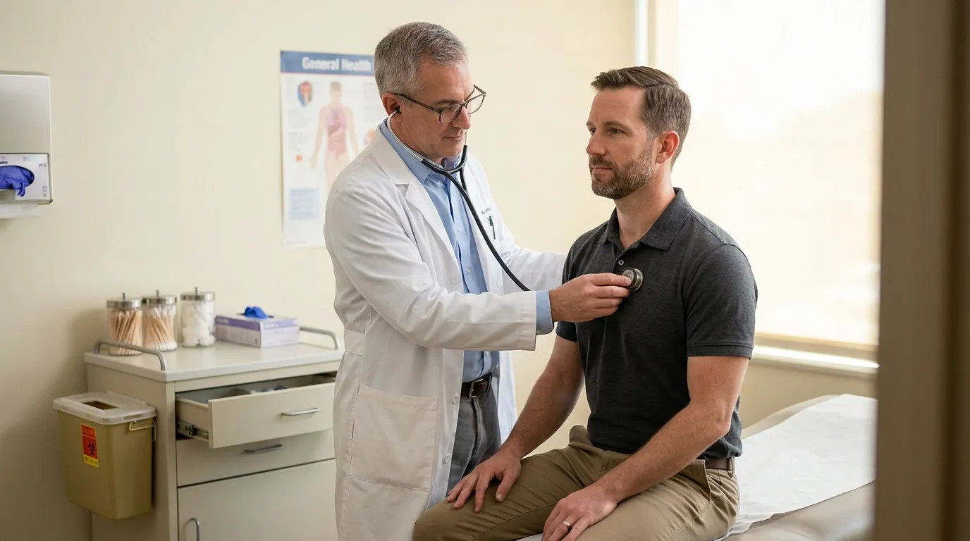 A doctor performs a medical check-up on a male patient, a common step many men take before considering testosterone replacement therapy.