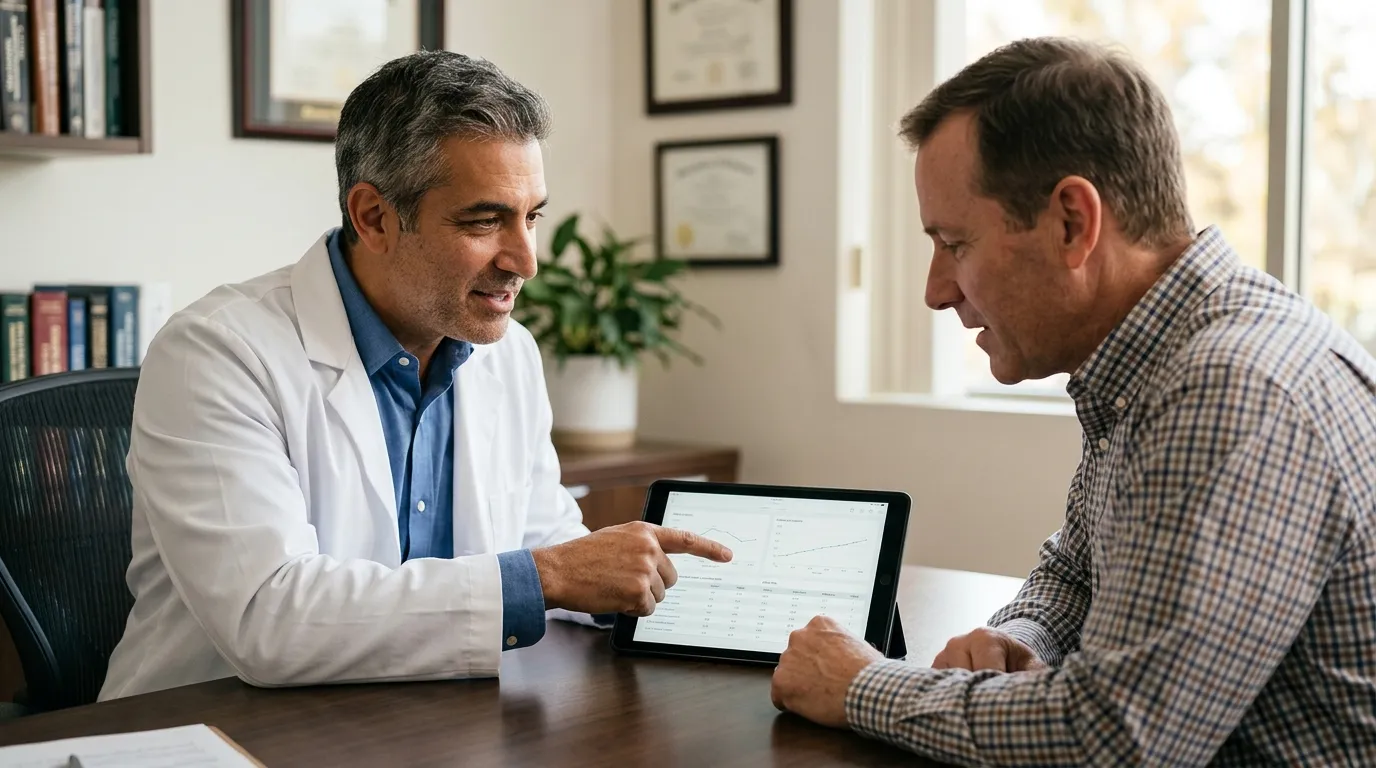 A doctor reviews detailed lab results on a tablet with a man, guiding him through his ongoing testosterone therapy journey.