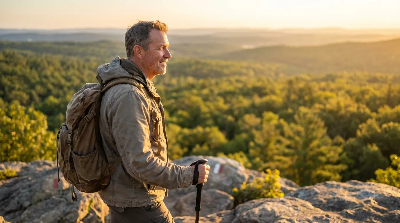 A mature man, energized by testosterone therapy, smiles while hiking a mountain trail at sunset, enjoying the vast forested landscape.