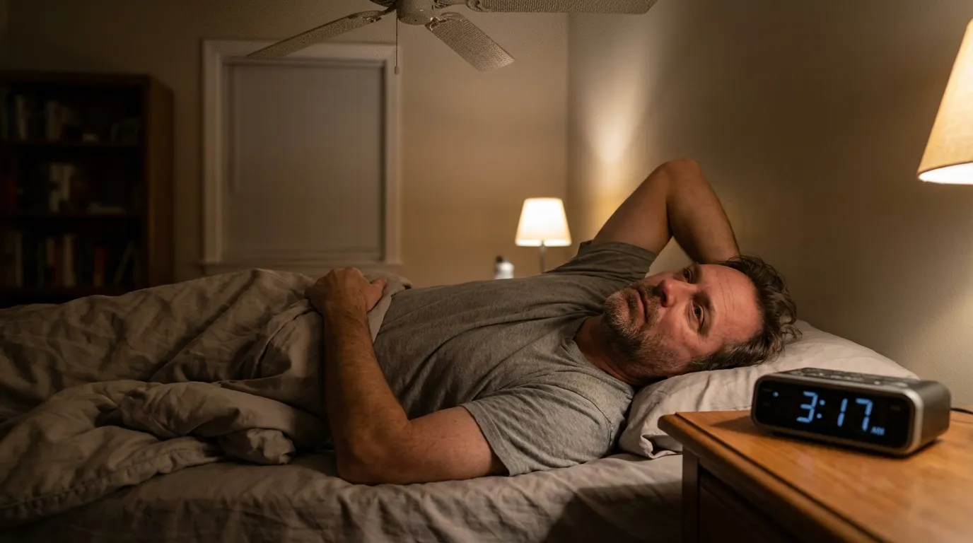 A middle-aged man lies awake in his bed at 3:17 AM, experiencing the restless nights that often lead men to explore testosterone therapy.