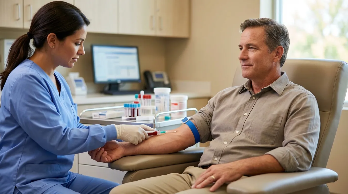 A nurse in blue scrubs draws blood from a smiling man's arm in a clinic, a routine step when considering testosterone replacement therapy.