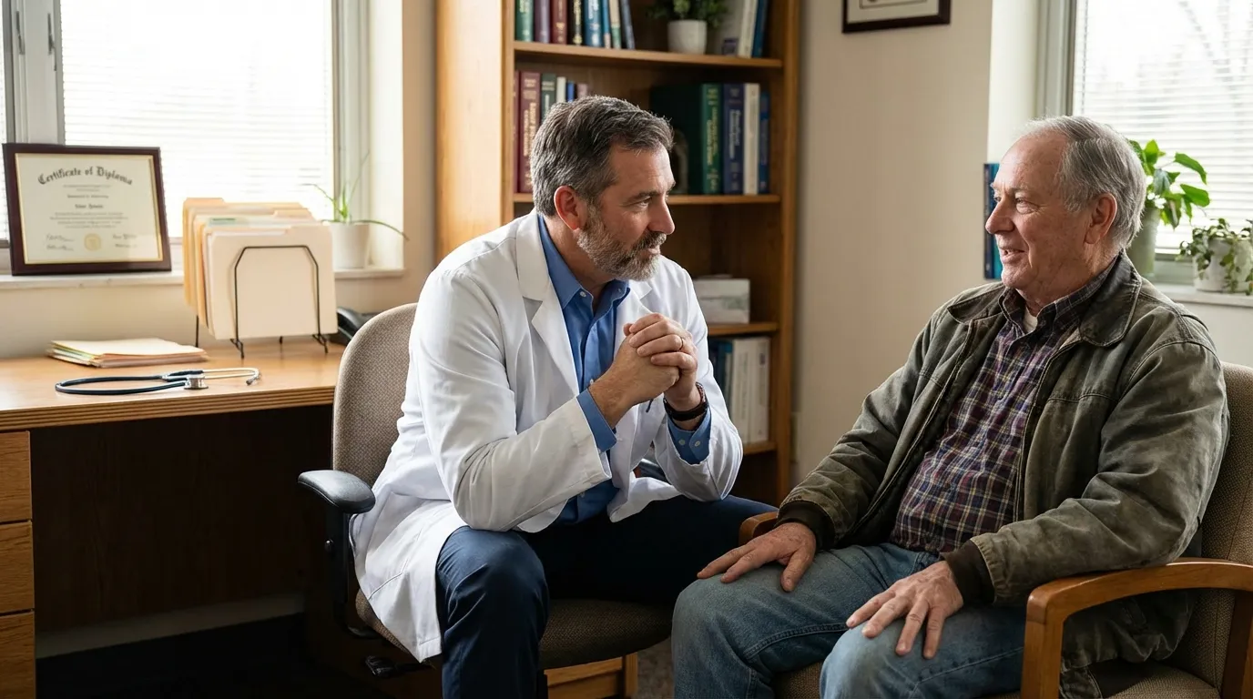 A doctor listens attentively to an older man in a clinic, discussing how testosterone replacement therapy can improve men's well-being.