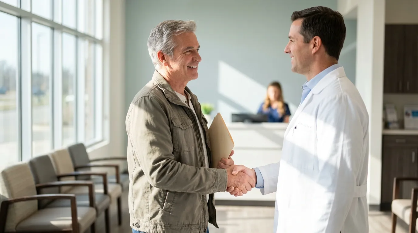 A smiling doctor warmly greets an older patient in a bright clinic, representing the helpful journey of testosterone therapy.