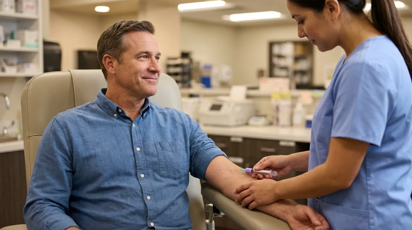 A smiling man receives a blood draw from a nurse in a bright clinic, a preliminary step for men considering testosterone therapy.
