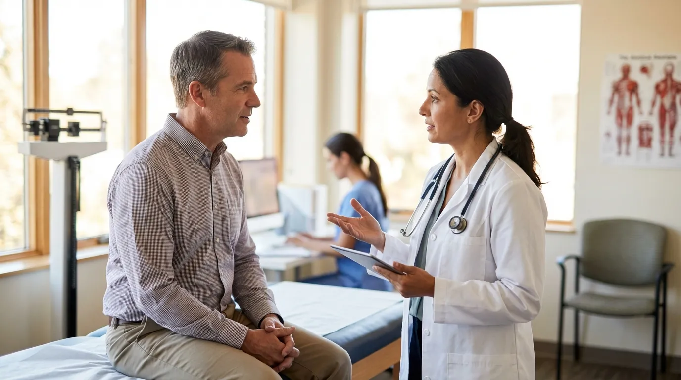 A male patient listens attentively to his female doctor, discussing important health decisions for potential testosterone therapy.