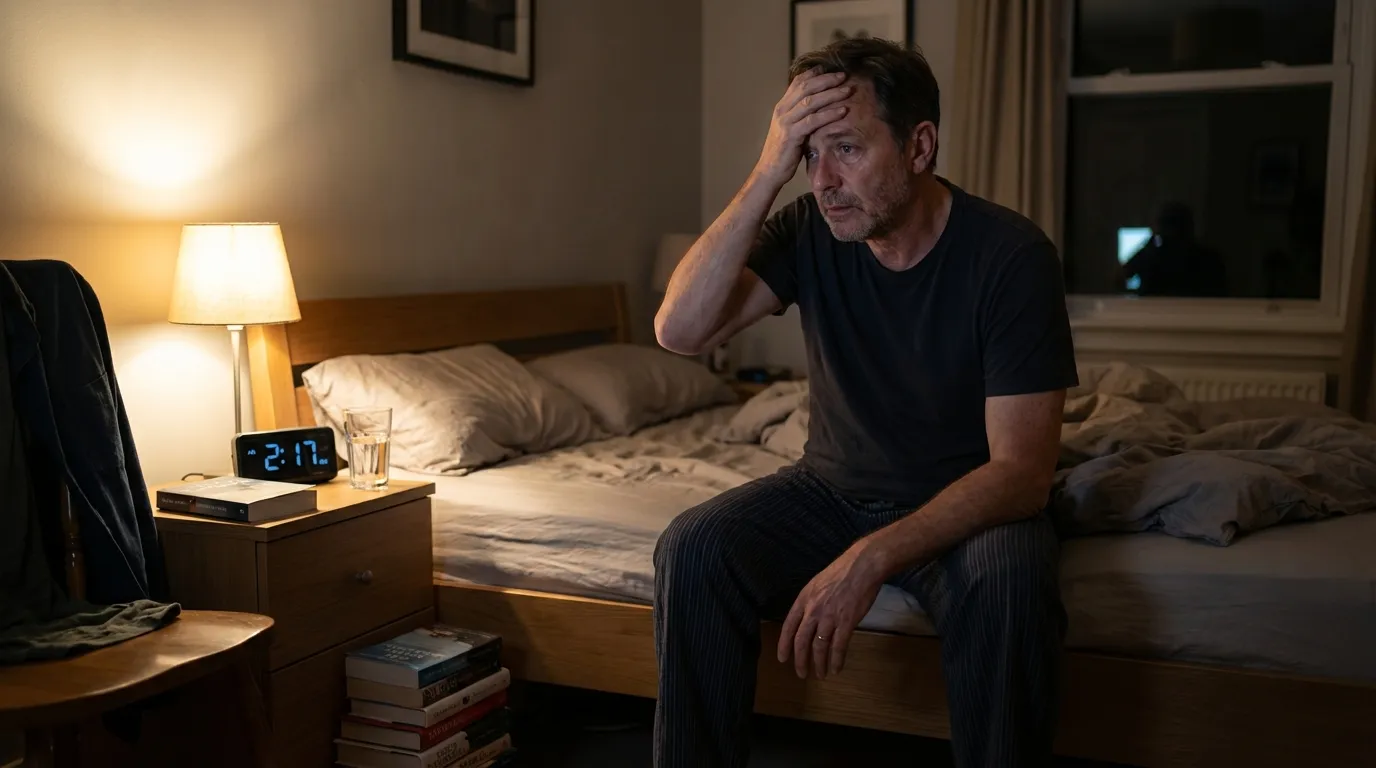 A father sits on his bed at 2:17 AM, looking weary with his hand on his forehead, showing the low energy that leads many men to seek TRT.