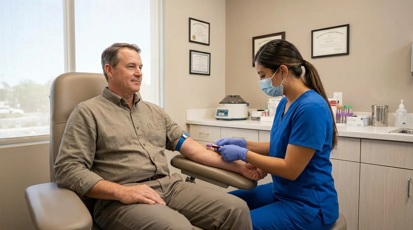 A calm man has his blood drawn by a nurse in a bright clinic, a common first step in evaluating testosterone therapy.