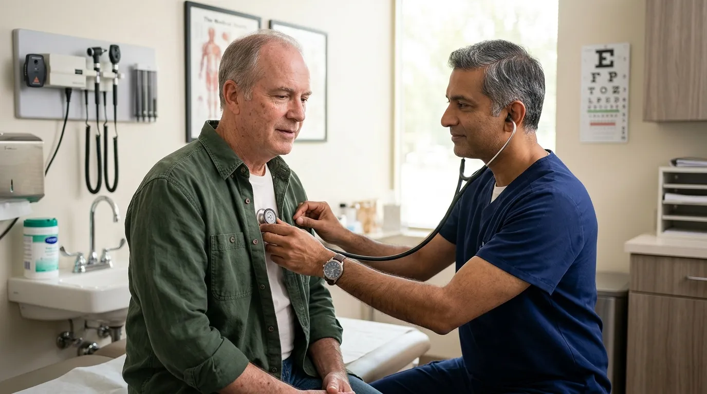 A caring doctor examines an older gentleman with a stethoscope, providing comprehensive care which might include testosterone therapy.