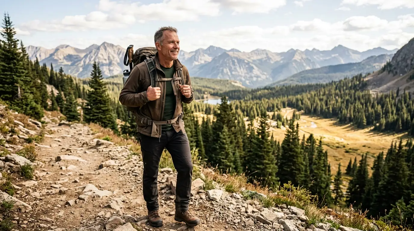 An active man hiking a mountain trail, feeling the renewed energy that testosterone replacement therapy offers.
