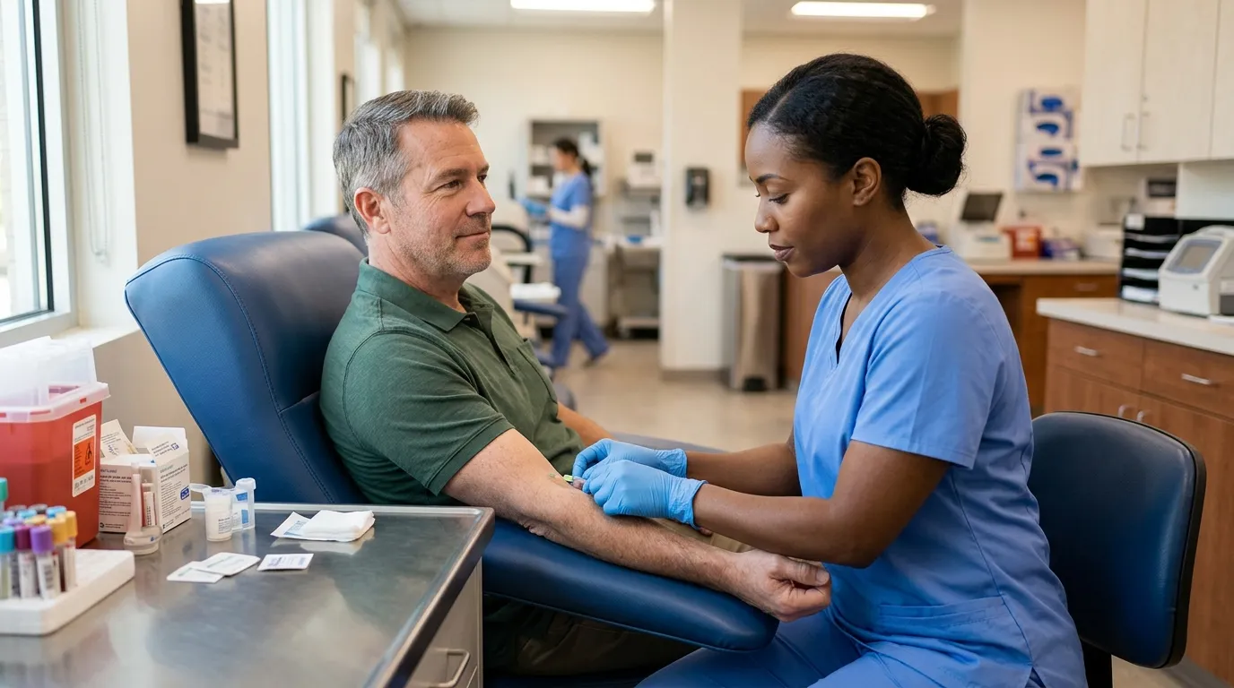 A man calmly receives a blood draw from a nurse in a bright clinic, a common step in exploring testosterone replacement therapy.
