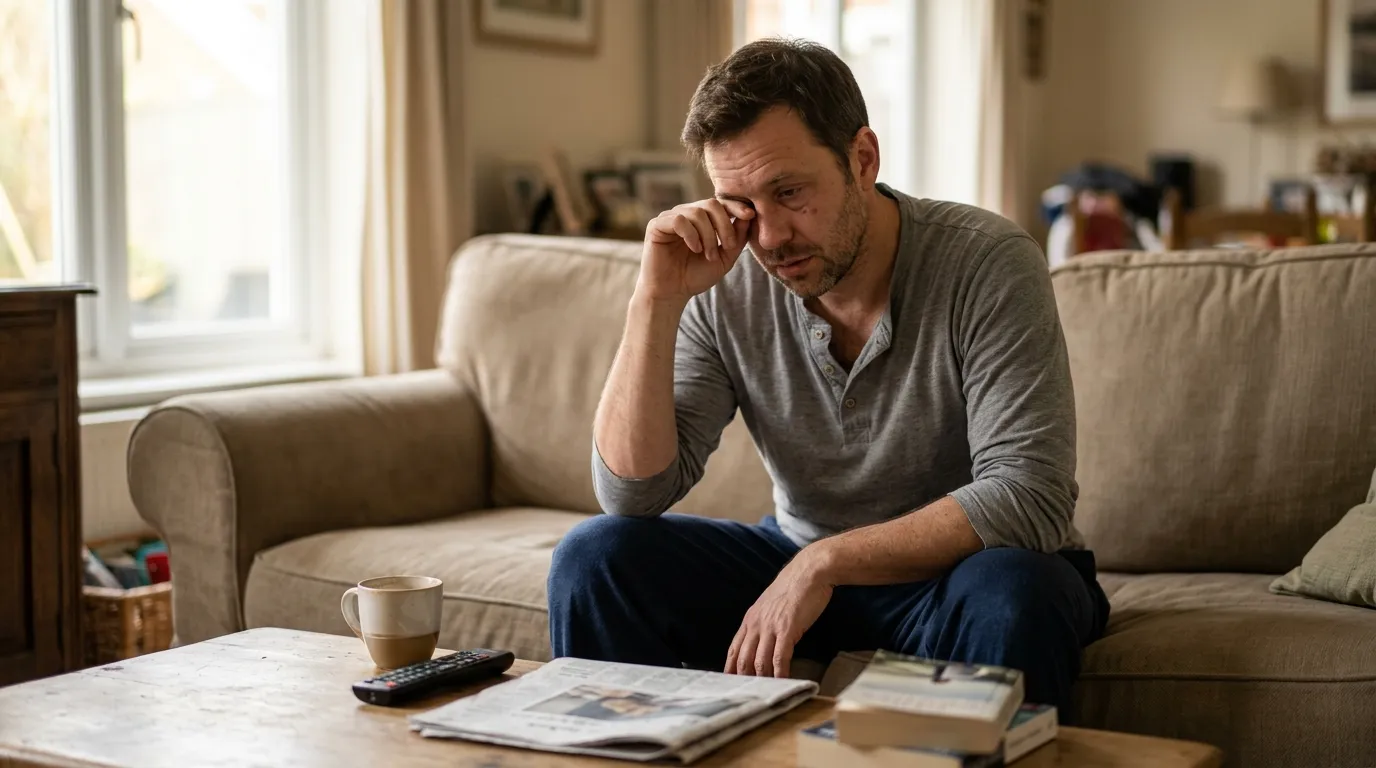 A man on his couch rubs a tired eye, showing the fatigue many men feel before exploring testosterone therapy.