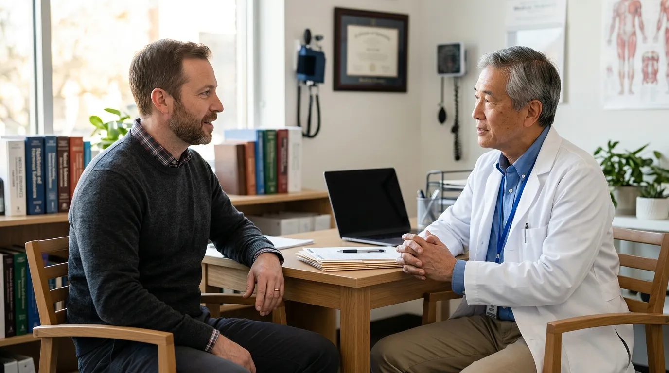An Asian doctor in a white coat consults with a bearded man in a medical office, discussing his health options including testosterone therapy.