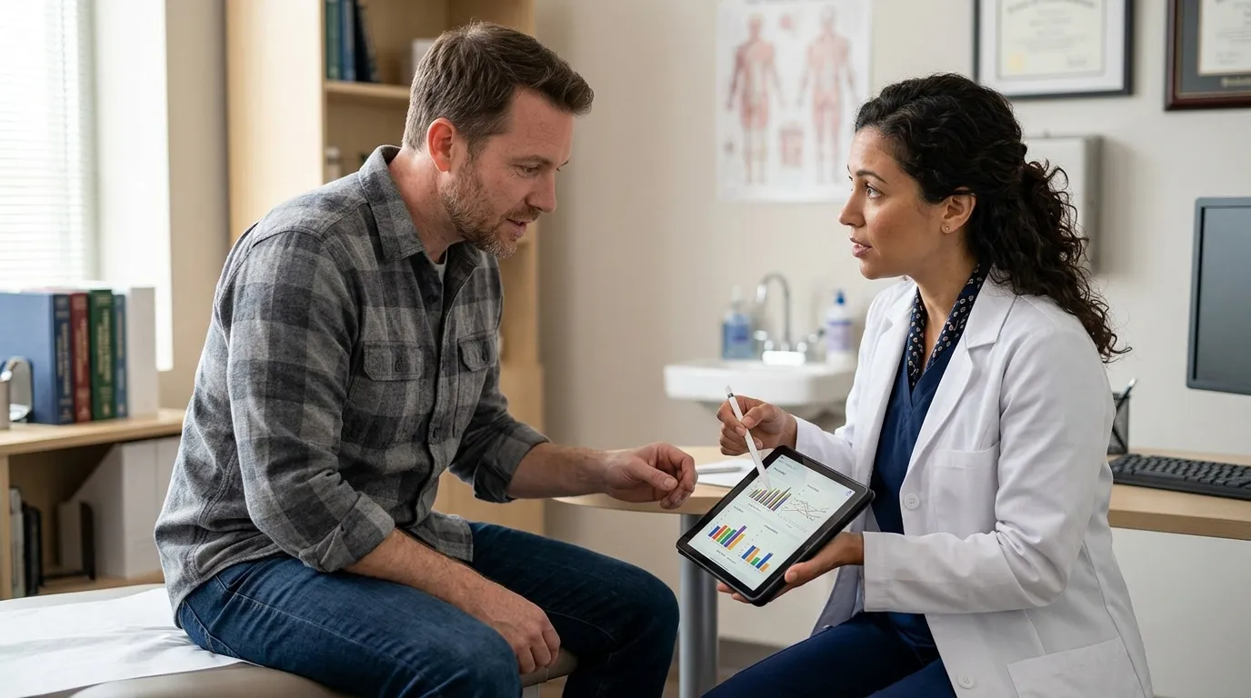 A doctor reviews complex health data on a tablet with a man, guiding him through his options for testosterone therapy.