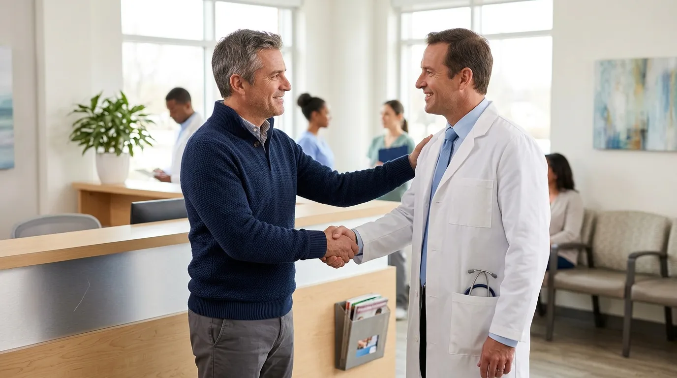 A smiling man shakes hands with his doctor in a modern clinic reception area, feeling positive about his testosterone therapy journey.