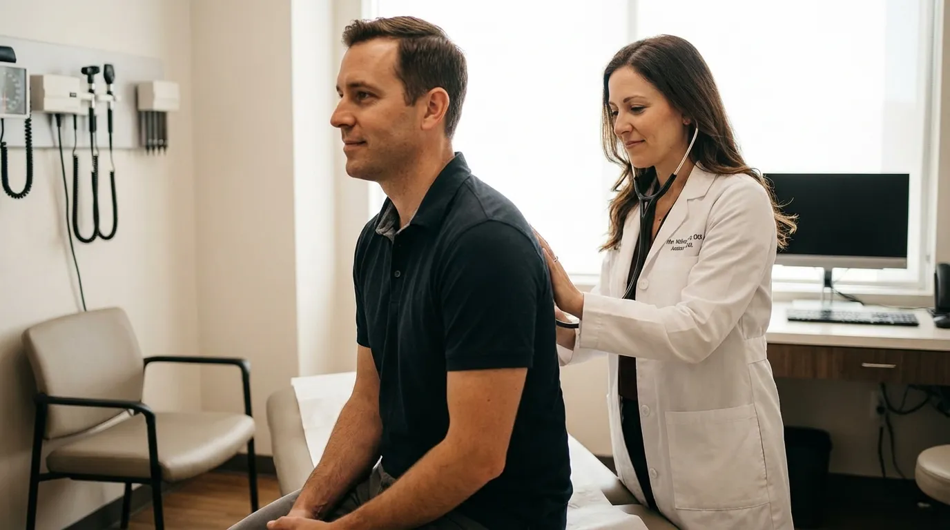 A doctor uses a stethoscope to examine a man's back during a routine check-up, an important step in managing testosterone replacement therapy.