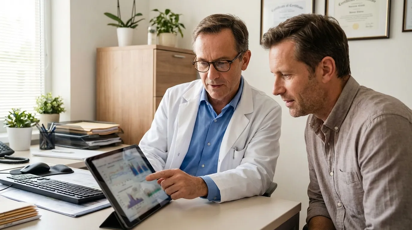 A doctor in a white coat shows a man data on a tablet, explaining how testosterone replacement therapy can improve well-being.
