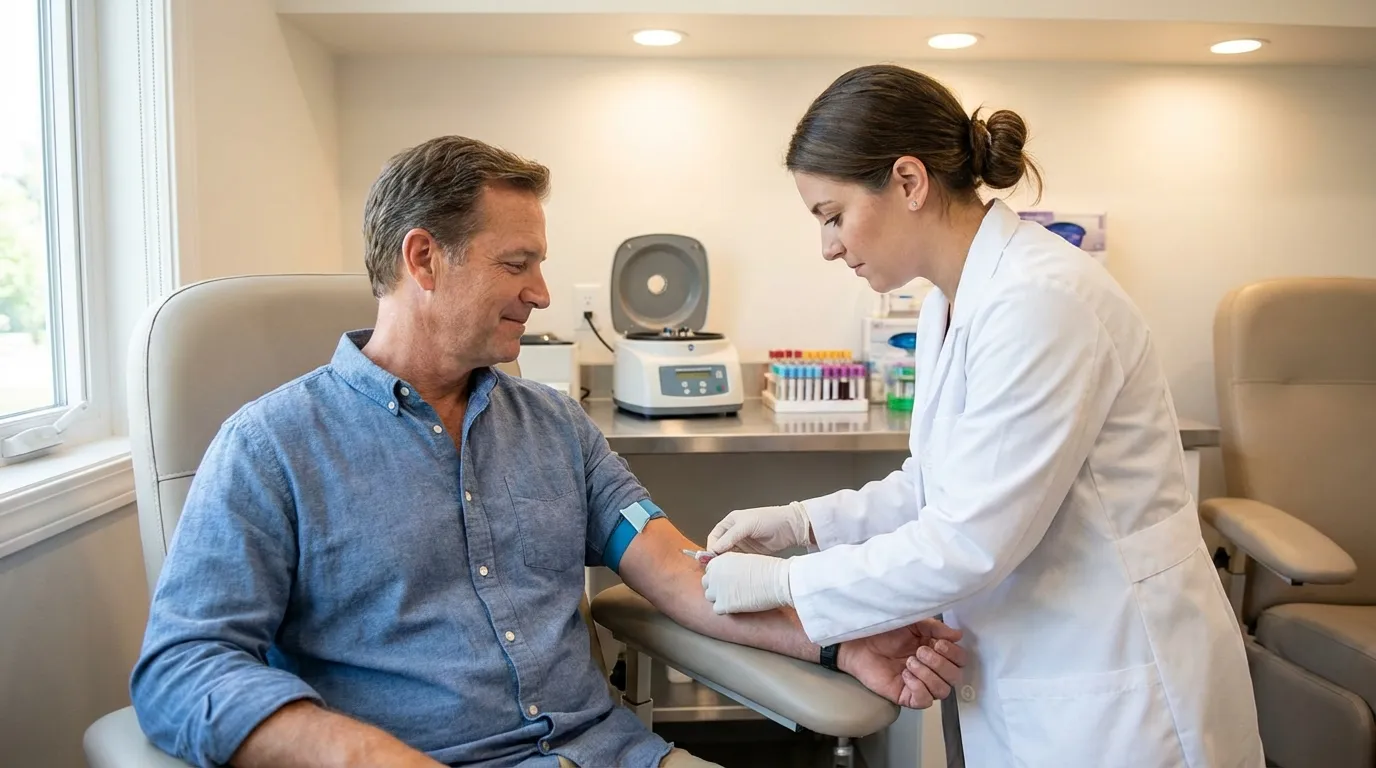 A male patient undergoes a blood draw by a smiling nurse in a clinic, a common step for men considering testosterone replacement therapy.