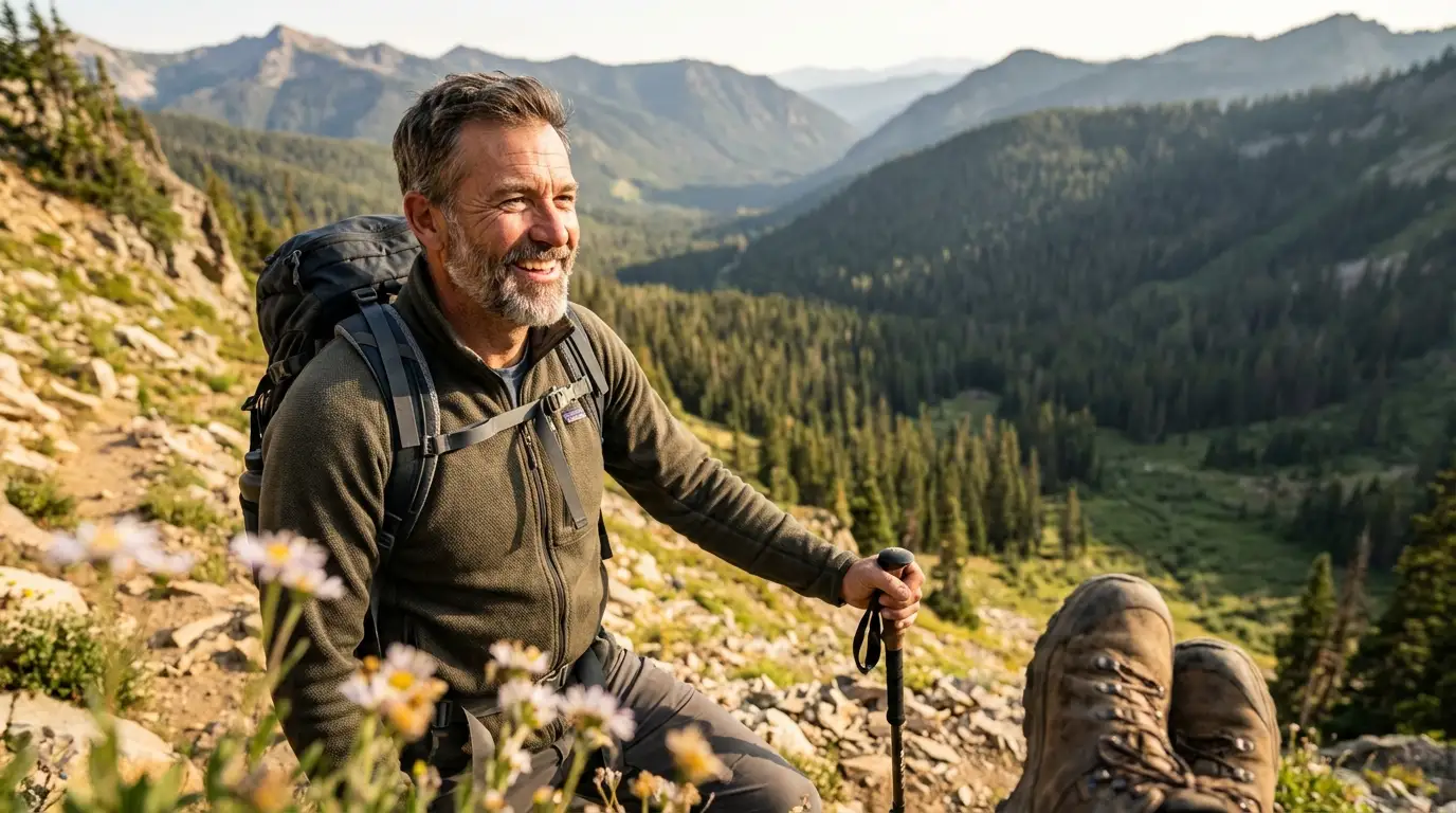 A happy man enjoying a mountain hike with a backpack, reflecting the energy that testosterone replacement therapy can provide.