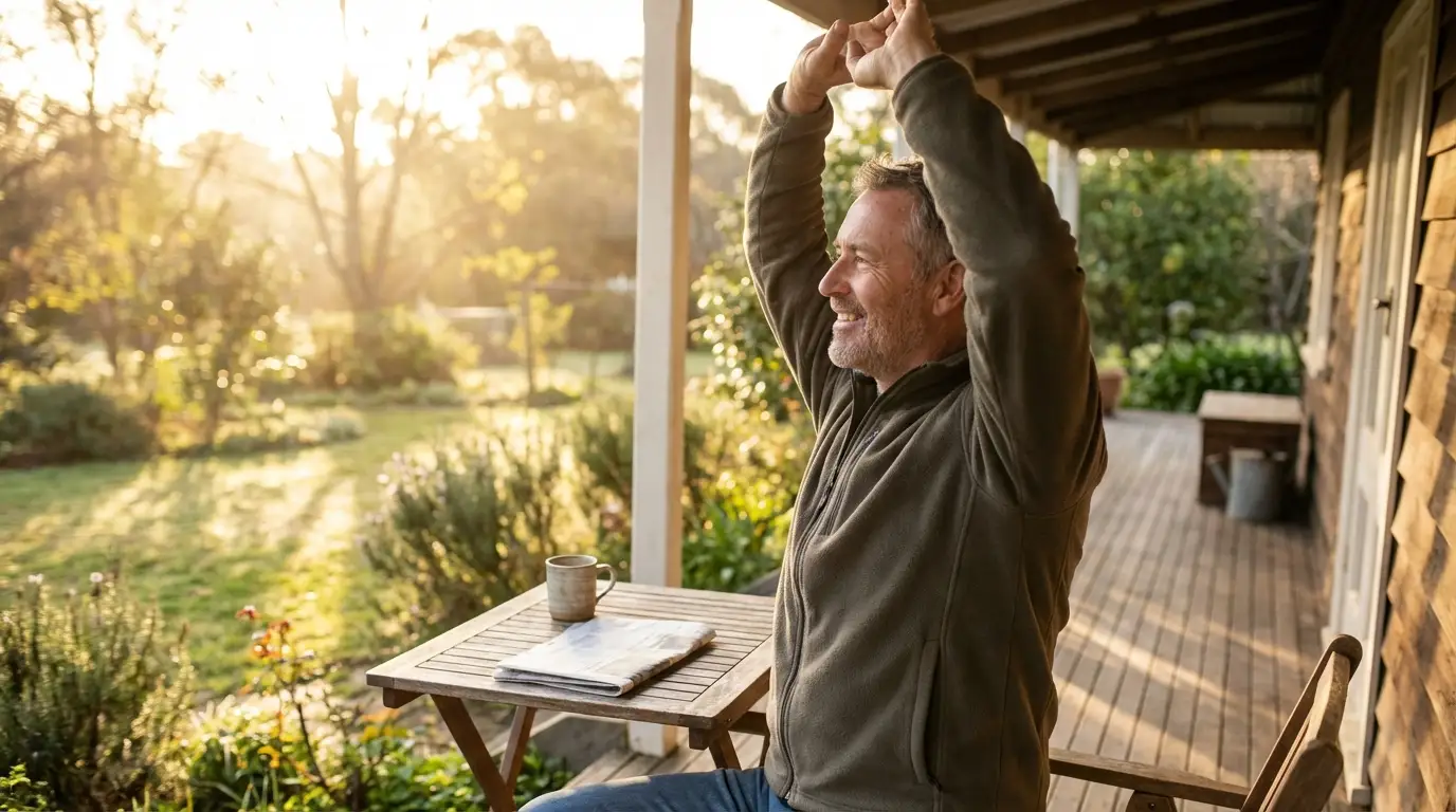 A happy mature man stretches his arms on a sunny porch overlooking a garden, feeling revitalized by testosterone replacement therapy.