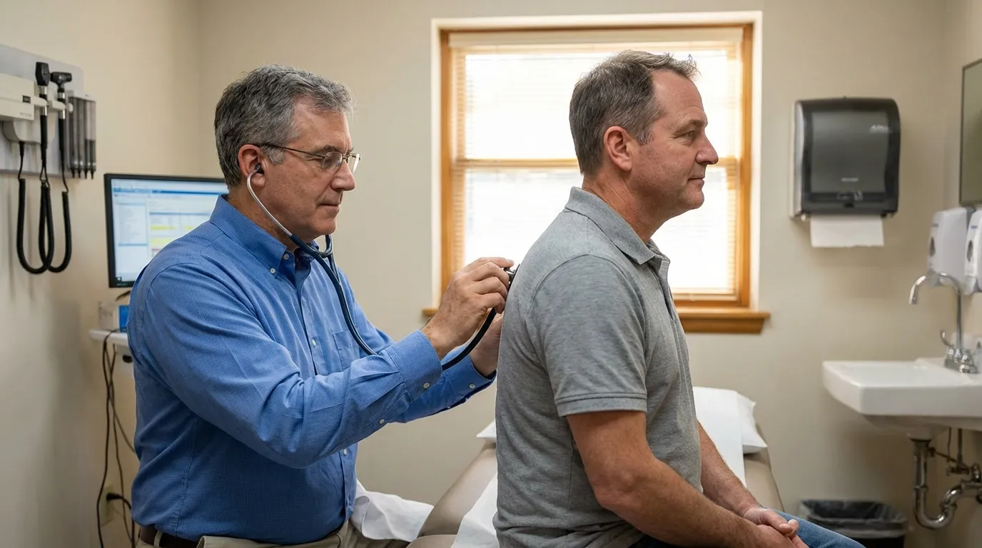 A doctor carefully listens to a man's back with a stethoscope during an examination, a common step in exploring testosterone replacement therapy.