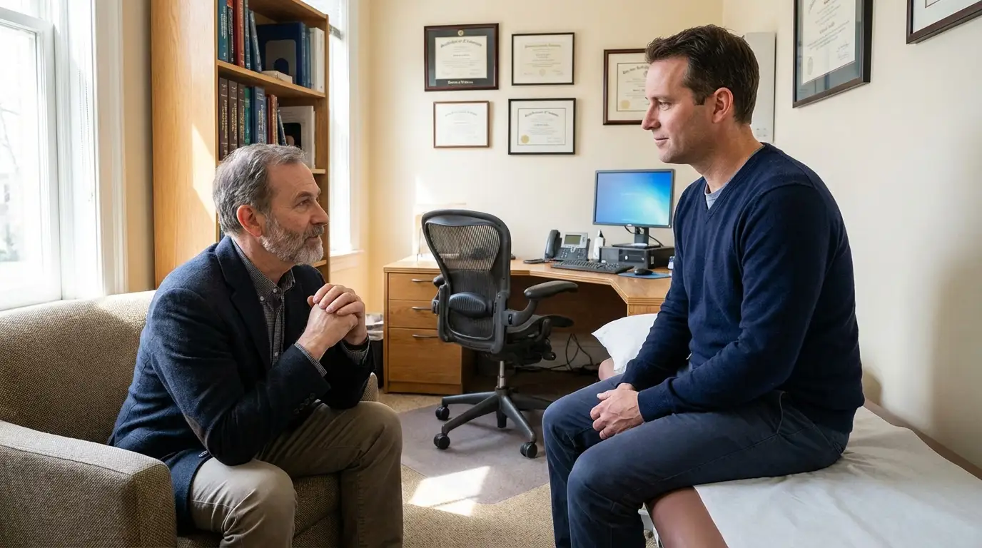 An older doctor consults with a younger man on an examination table, discussing health options like testosterone replacement therapy.