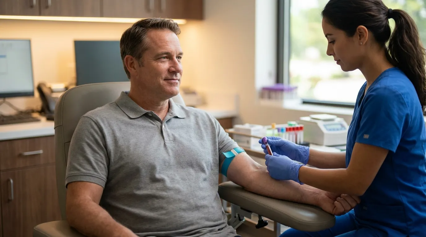 A calm man sits for a blood draw with a nurse, a routine step in monitoring health during testosterone therapy.