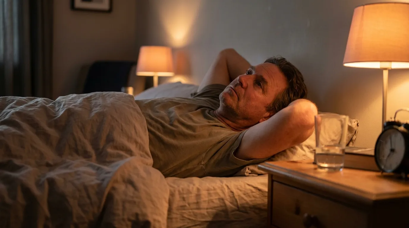 A man lies awake in his dimly lit bedroom, experiencing restless nights and the low energy that often leads men to explore TRT.