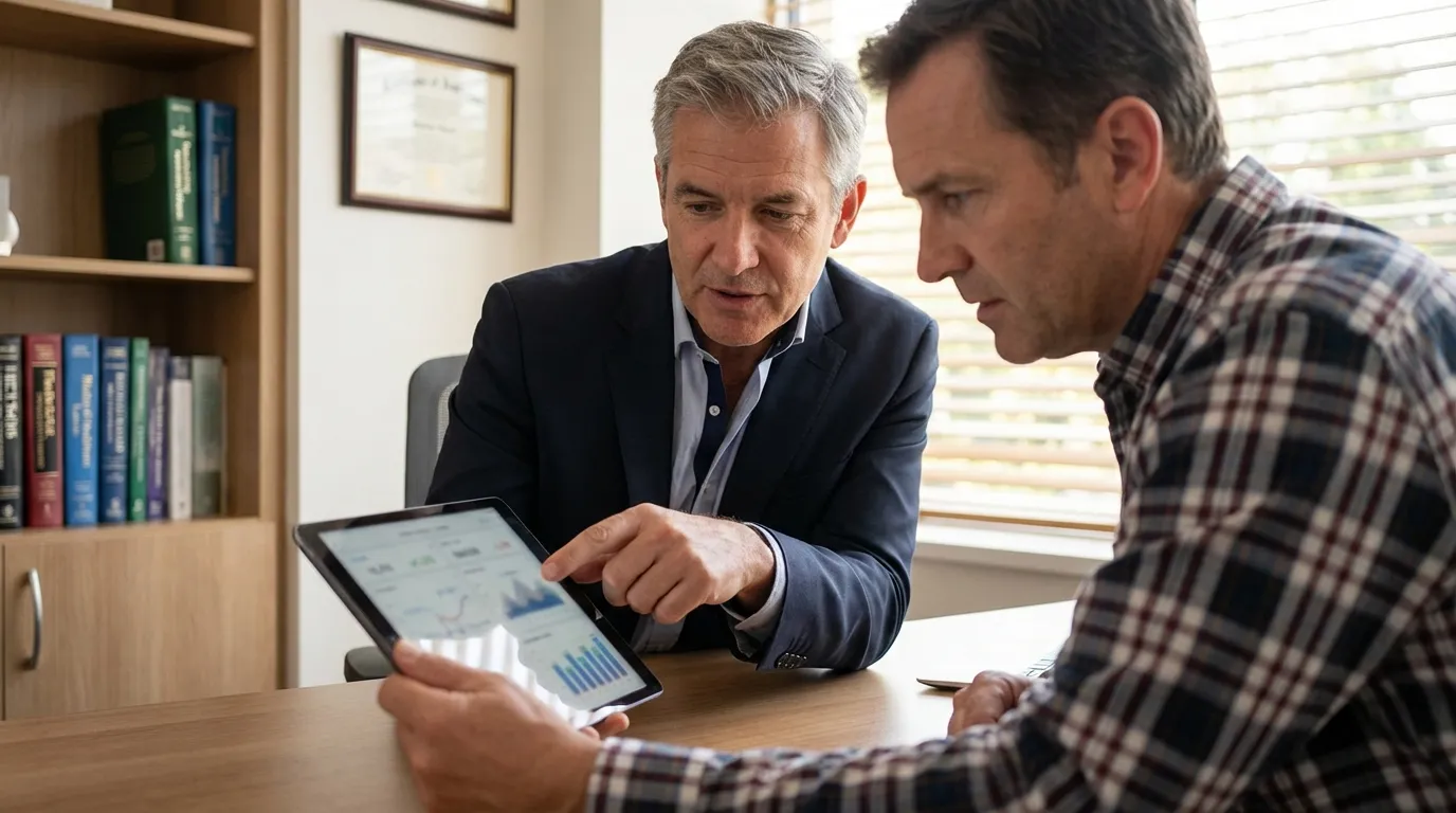 A doctor explains charts on a tablet to a man in a plaid shirt, discussing testosterone replacement therapy benefits.