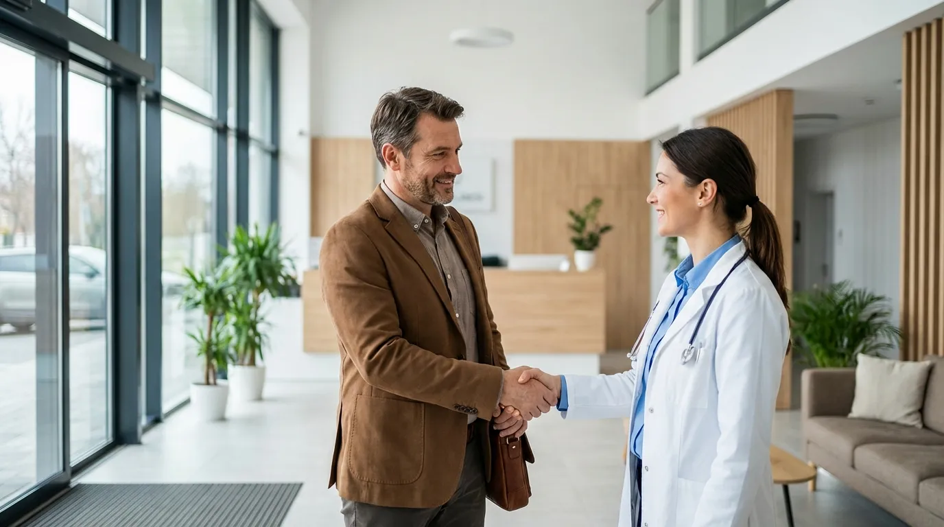 A smiling doctor greets a man with a handshake in a modern clinic lobby, embodying the positive start of testosterone therapy.