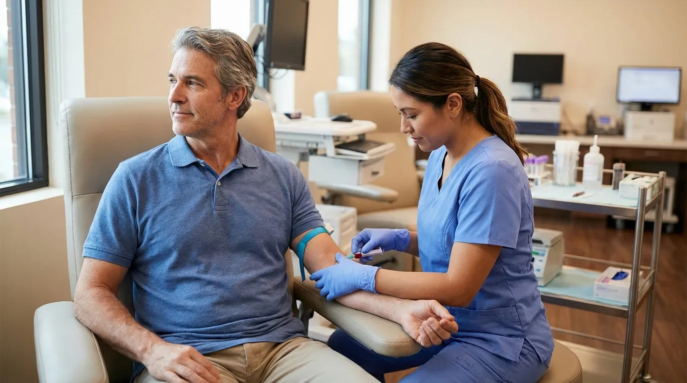 A man undergoing a blood draw by a nurse in a clinic, a common step for men exploring testosterone therapy.