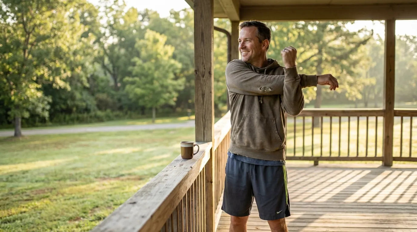 A smiling man stretches on a sunny porch, beginning his day with renewed vigor often experienced with testosterone therapy.