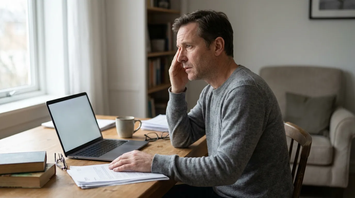 A pensive man works at his home office desk, hand to temple, a common indicator that men may consider TRT.