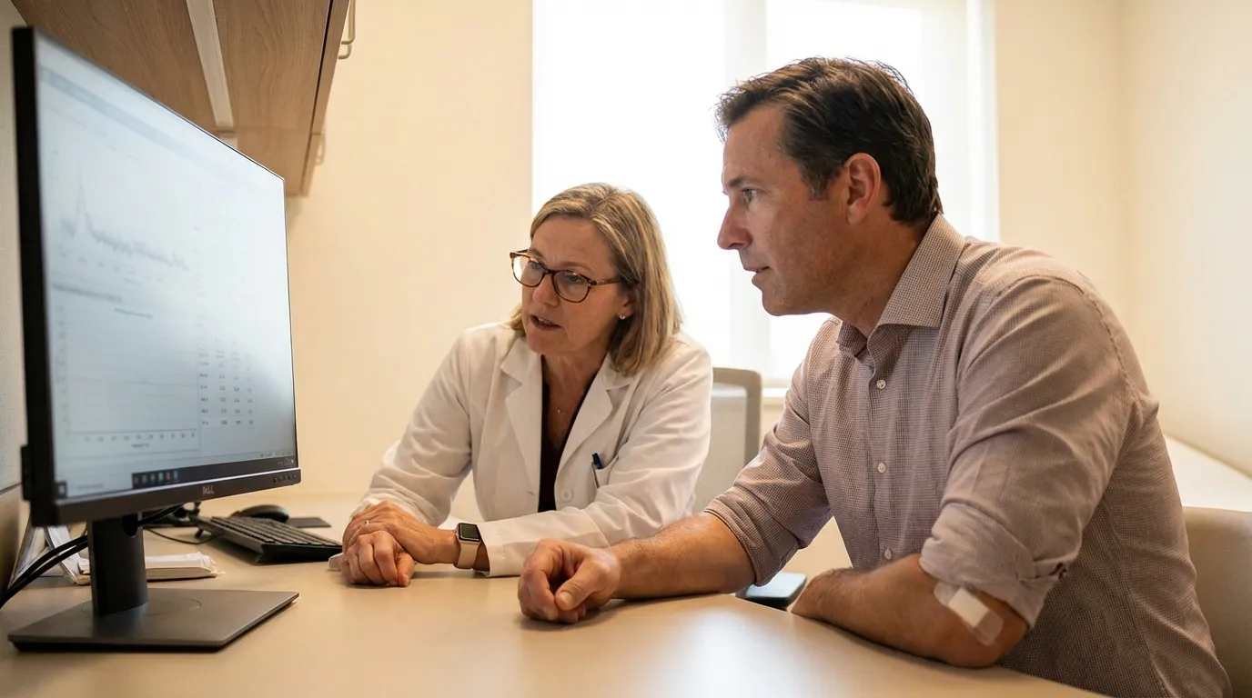 A doctor and man review computer data; the man has a bandage on his arm from a blood draw, essential for testosterone replacement therapy.