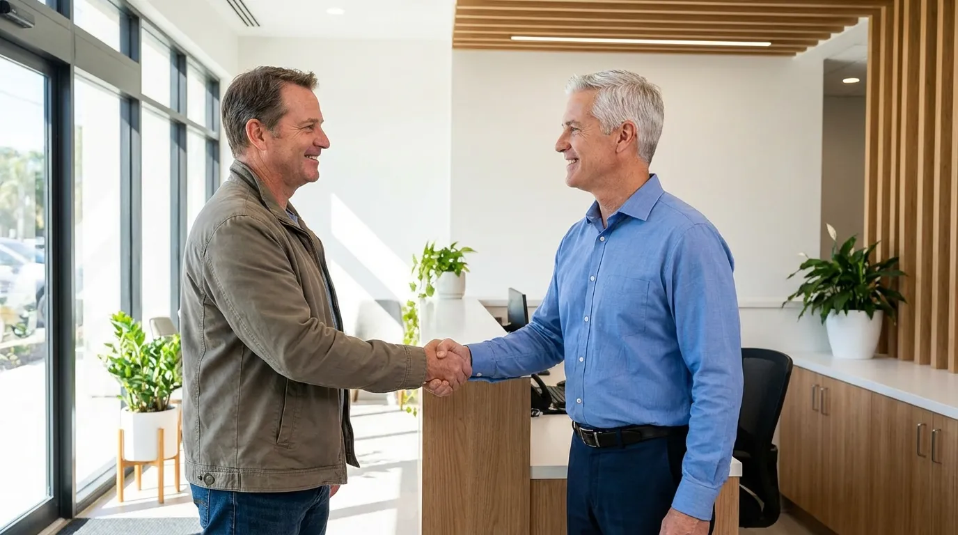 Two smiling middle-aged men in a bright clinic shake hands, feeling positive about their health journey with testosterone therapy.