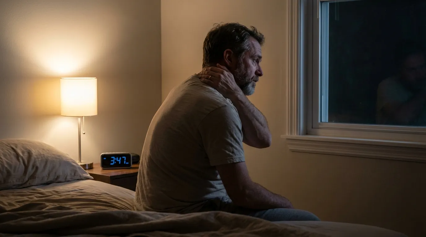 A man sits awake in bed at 3:47 AM, experiencing the poor sleep that often leads men to explore TRT.
