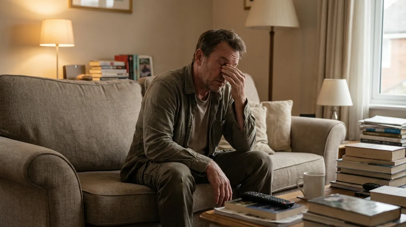 A middle-aged man sits on a comfortable sofa, his hand covering his face, showing the deep fatigue that often leads men to explore TRT.