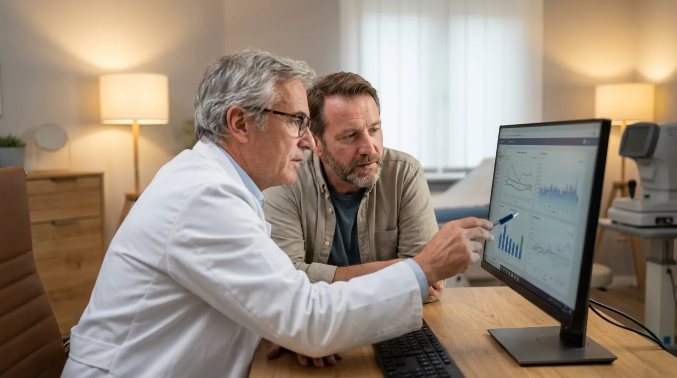 A doctor explains medical data on a computer screen to a focused man, typical when discussing health progress with testosterone therapy.