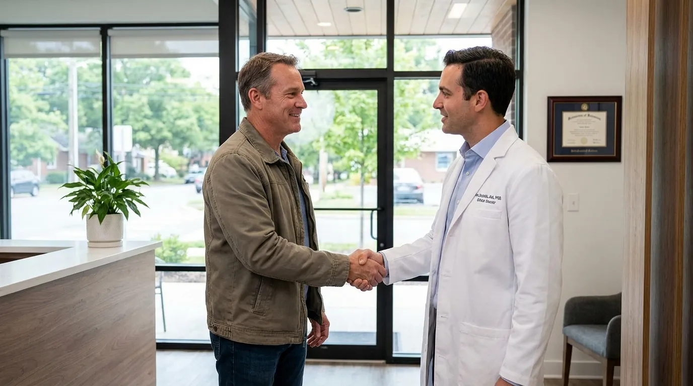 A smiling doctor shakes hands with a casually dressed man in a bright clinic, a scene of trust and connection often found with TRT.