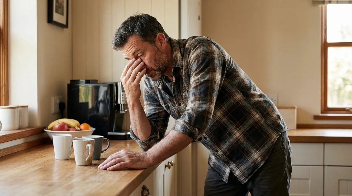 A man rubs his tired eyes, leaning on a kitchen counter, experiencing the brain fog that leads many men to explore testosterone therapy.