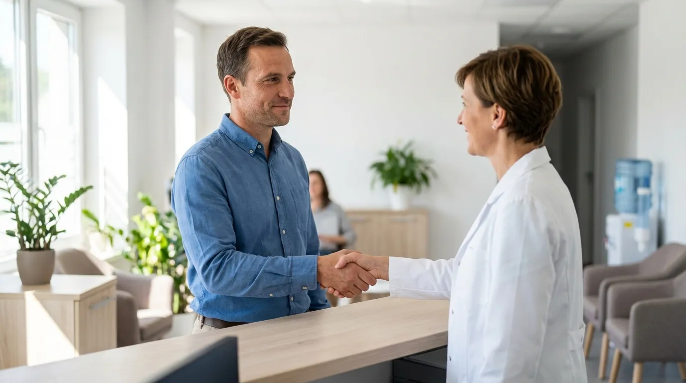 A smiling man shakes hands with a friendly doctor at a clinic reception desk, ready to begin his testosterone replacement therapy.