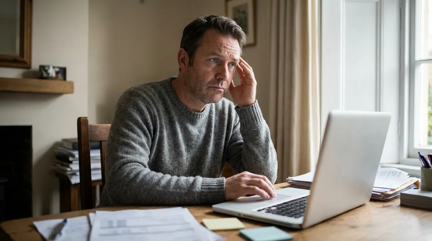 A man looks concerned at his laptop, experiencing the mental fogginess that often leads men to consider testosterone replacement therapy.