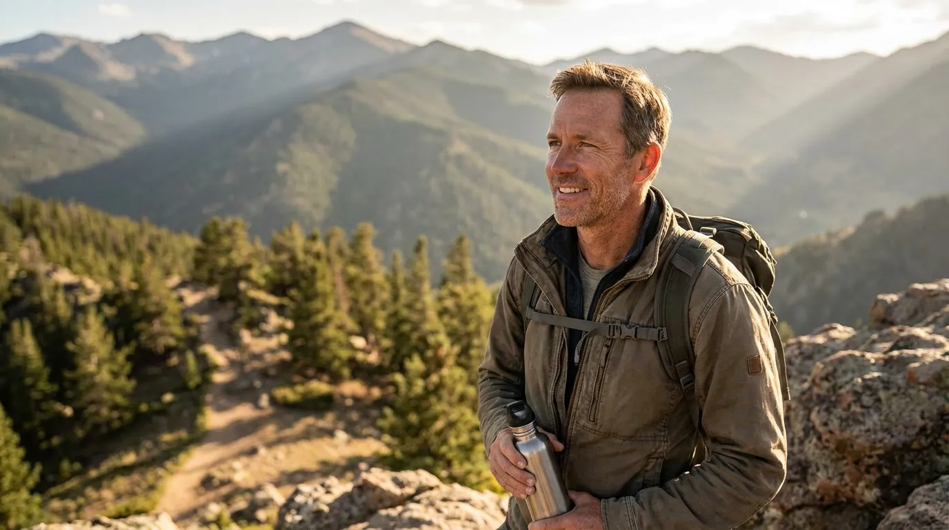 A smiling middle-aged man with a backpack on a mountain peak, enjoying the vitality that testosterone therapy can restore.