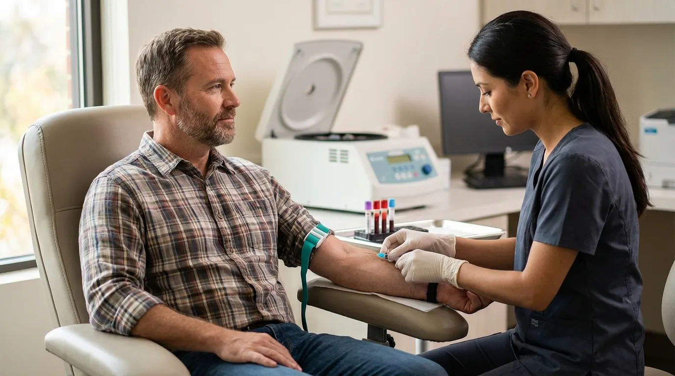 Calm man in a medical chair receives a blood draw from a nurse, a necessary step when considering testosterone therapy.