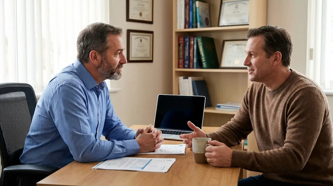 Two men engaged in a serious discussion at a wooden desk, exploring how testosterone replacement therapy could enhance their vitality.