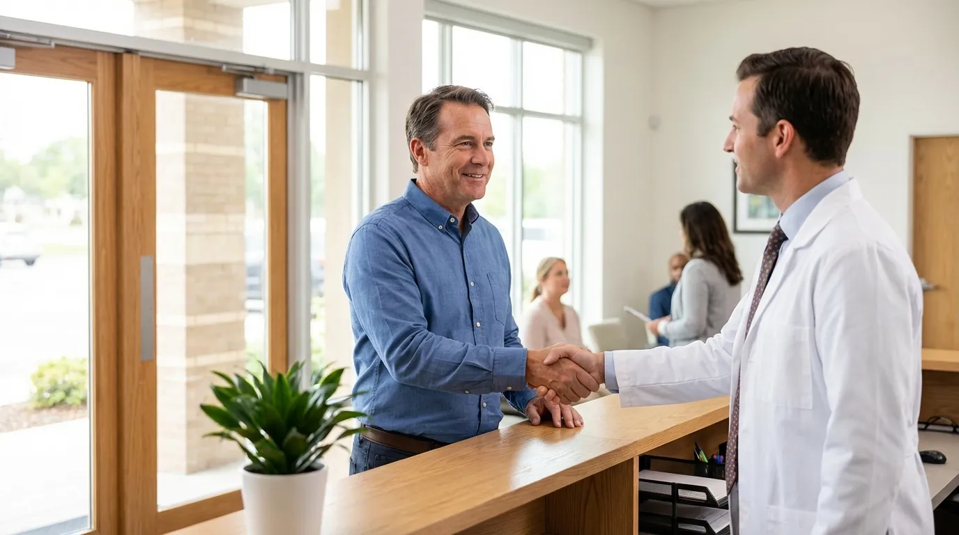 A smiling man in a blue shirt shakes hands with his doctor at a modern clinic, feeling renewed by testosterone therapy.