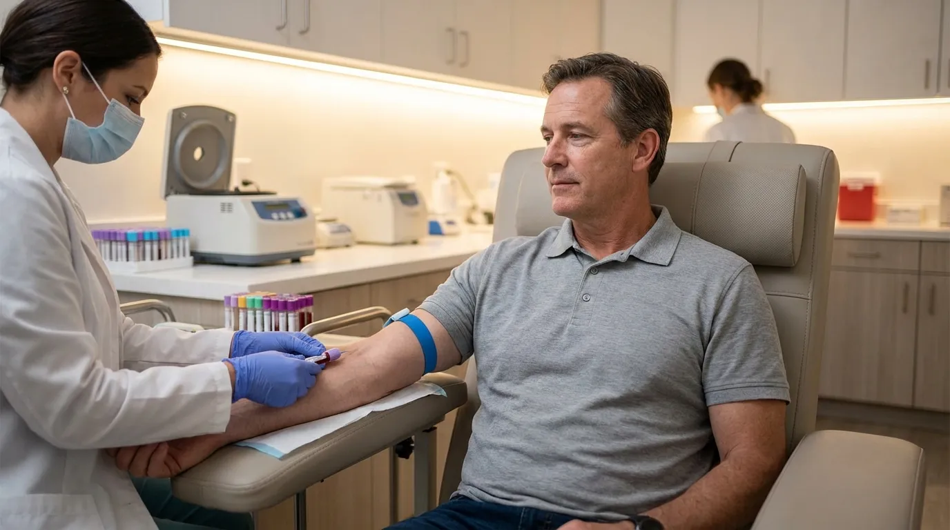 A man gets his blood drawn by a masked nurse in a modern clinic, a vital step for men exploring testosterone therapy.